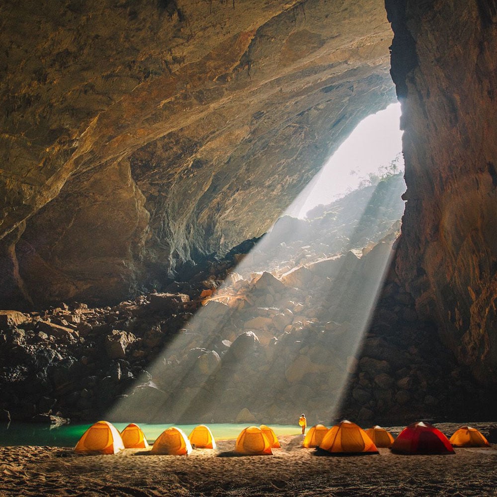 Sunbeams will shine deep into the cave campsite in the morning