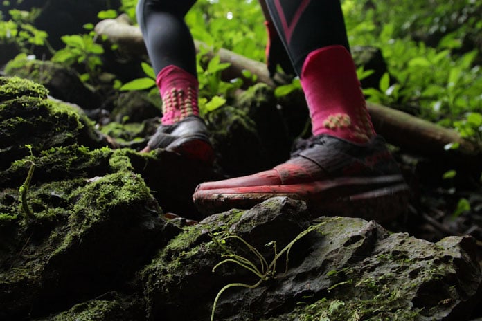 Trekking shoes with rugged soles designed for rough mountain terrain