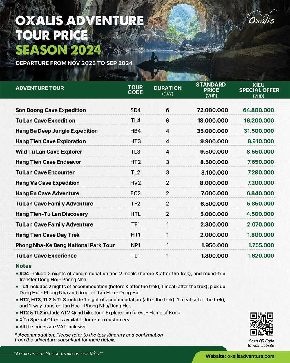Oxalis Adventure tour price list