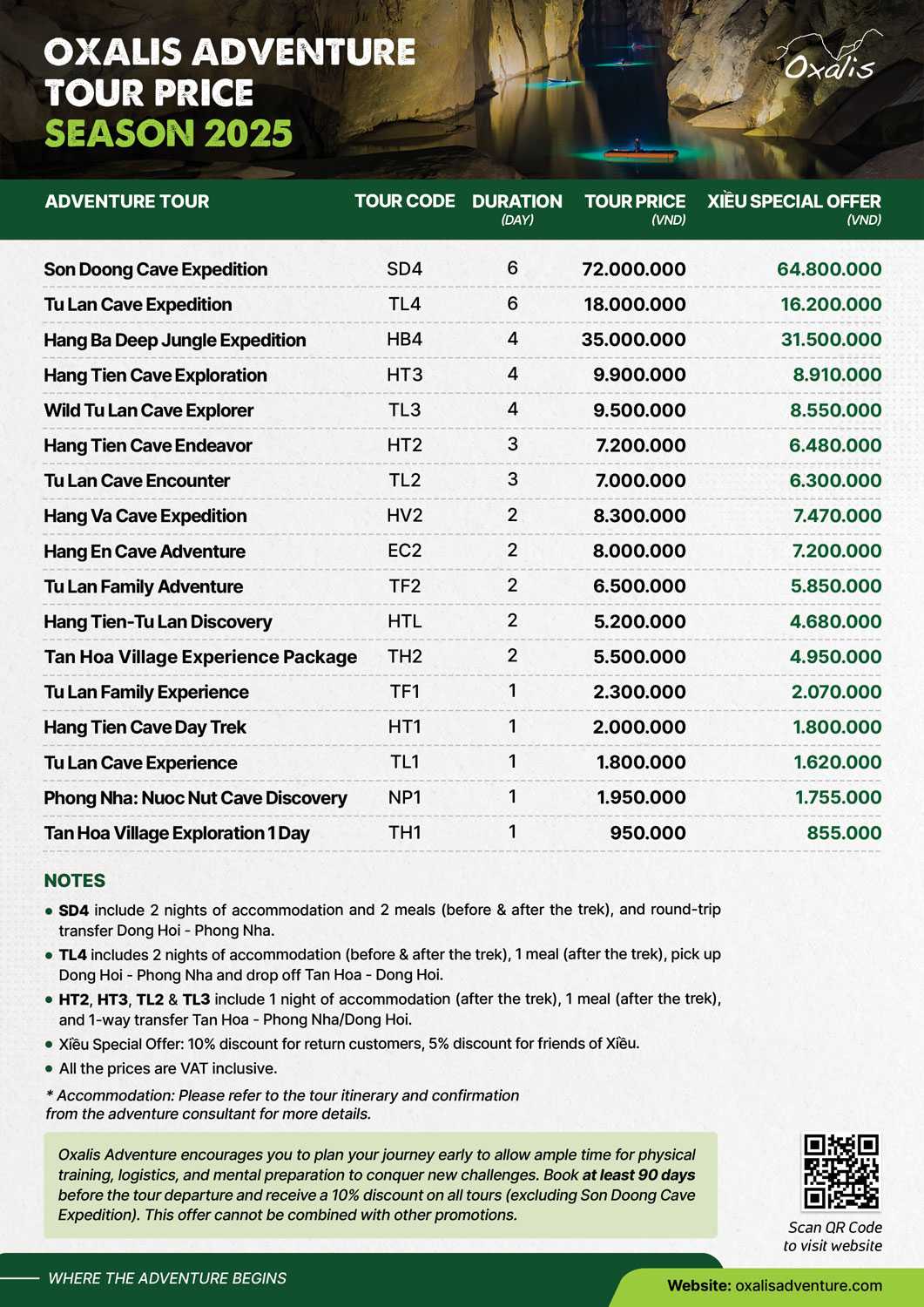Oxalis Adventure tour price list