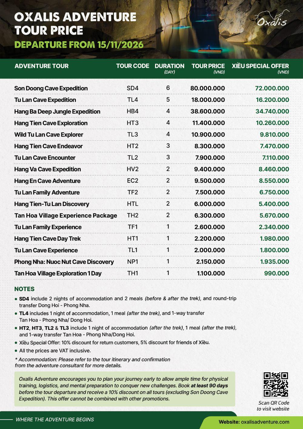 Oxalis Adventure tour price list 2027