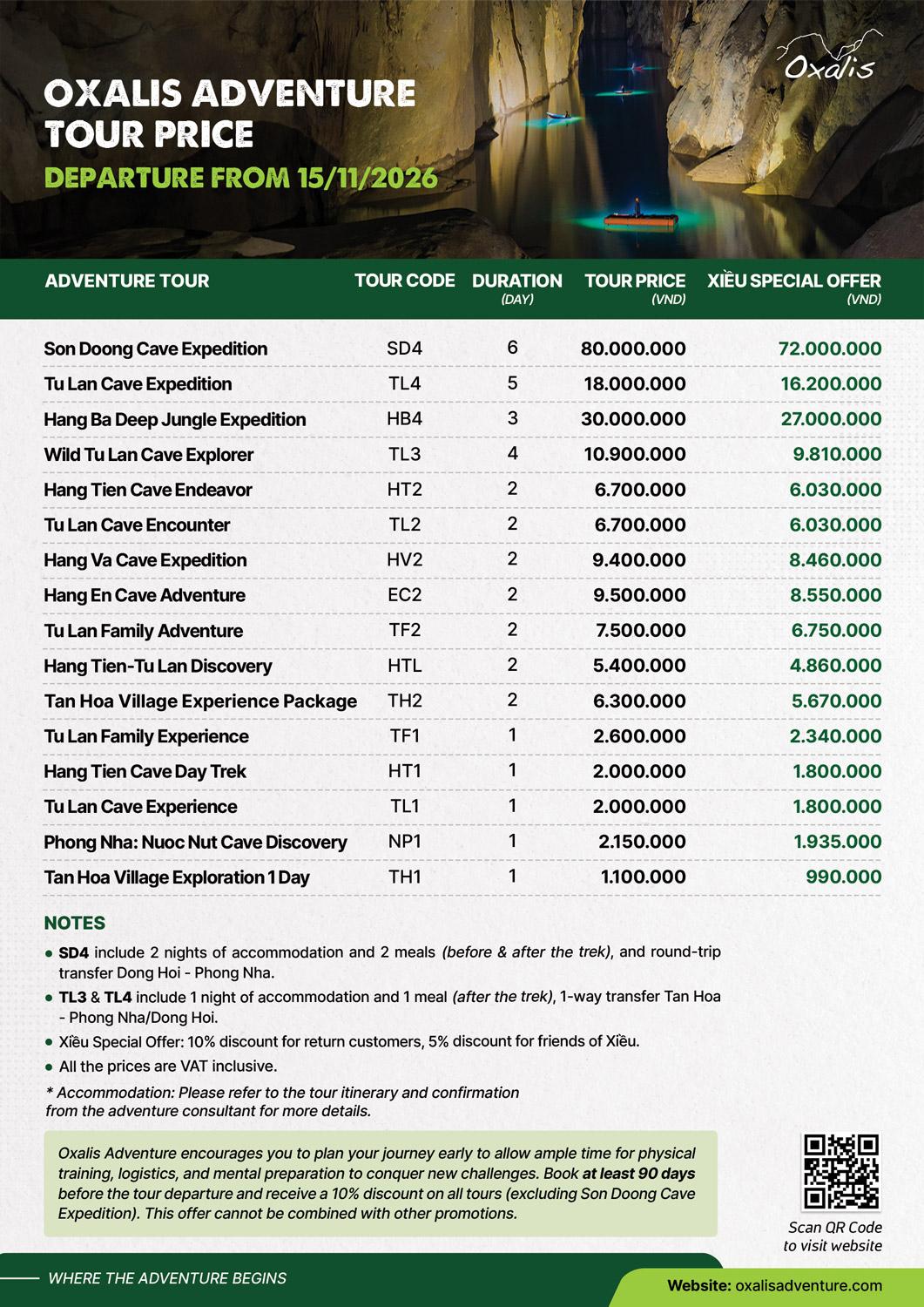 Oxalis Adventure tour price list 2027